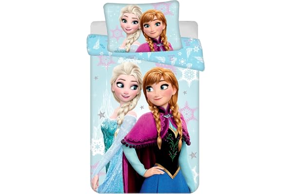 Frost Babypåslakan 100x135 + Örngott 40x60 Bomull Ljusblå Elsa Anna Olaf | Vändbart baby sängset | Naturlig bomull mjuk andningsbar | Disney | Flickor 0-3 år | Spjälsäng