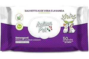 Italian Pet - Biologisch abbaubare Tücher Aloe Vera und Lavendel - Feuchttücher für Pfoten, Maulkorb und Haare von Hunden, Katzen, Kaninchen, Haustieren - 50 Einweg-Bio-Tücher - 20x30 cm