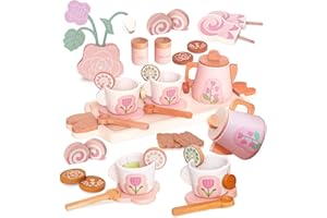 Smartwo Teeservice Holz Kinderküche, Tee Set für Spielküche, Küchenzubehör Holzspielzeug, Teeparty Rollenspiele Geschirr, Geschenk für Mädchen Kleinkinder ab 3 Jahre, Rosa, 23 Teilig