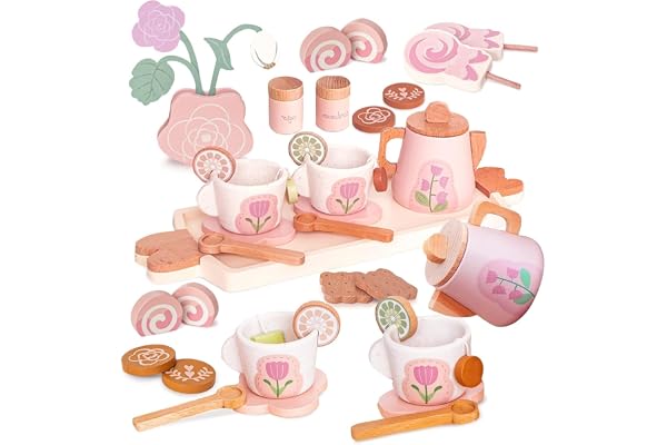 Smartwo Service à Thé et à Dessert pour Fête de Filles 24PCS, Dinette Enfant en Bois Jouet Fille 3 4 5 Ans Accessoire Cuisine Tout-Petits Bois Jeux de Rôle de Tea Party Cadeau Rose