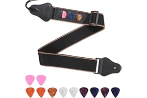 Wanmu Gitarrengurt, Verstellbare Geflochtene Bass E-Gitarre Gurte mit Lederenden Ende 3 Gitarrenplektrum 10 Plektrumhaltern für Westerngitarre, Akustikgitarre (Schwarz)