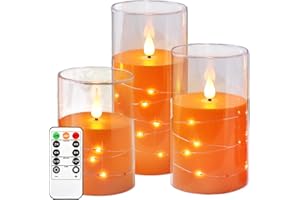 Kiexung LED Candles, Flashing Battery Operated Candle, Built in Starlight String Lights, Halloween Candle, Unbreakable Plexiglass with Remote Timer, Set of 3 (Orange)