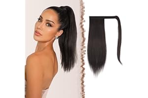 FESHFEN Coleta Postiza Lisa Pelo, Largo Liso Ponytail Extension Envolver alrededor Cola de Caballo Extensiones Marrón más Oscuro Sintéticas Clip Postizos para Mujeres, 35 cm