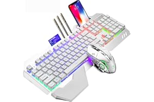 LEXONTECH Tastiera da gioco senza fili con sensazione meccanica, retroilluminazione RGB batteria ricaricabile da 5000mAh con poggiapolsi rimovibile+mouse da gioco a LED a 7 colori per scrittore/giocatore,bianco