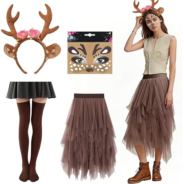 SAIIURV 3 Pezzi Costumi da Natale da Renna per Donna, Gonna Tulle Cerchietto Renna Tatuaggi Temporanei, Orecchie di Cervo Fascia, Cosplay per Adulto Fancy Dress Halloween Natale Costume (Marrone