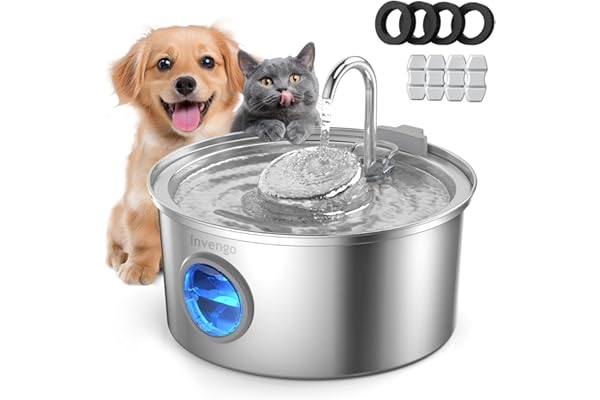 Invengo Fontaine a Eau Chat, Fontaine à Eau pour Chat INOX 3,2L Ultra-Silencieuse avec Filtre 5 Étapes - Inclut 4 Filtres de Rechange et Fenêtre de Niveau d'eau