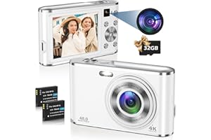 HICSHON Appareil Photo Numérique Compact 4K Autofocus avec Carte SD 32G Double caméra Avant et arrière, HD 48MP avec Grand écran 2.8", Zoom numérique 16X, pour Les débutants(Blanc)