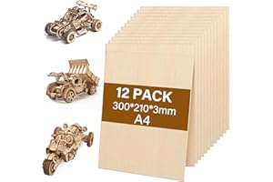 Tapvai 12 Pièces contreplaqué 3mm tilleul,210 x 150 x 3mm contreplaqué multicouche,3mm basswood plywood,Panneau Feuille Découpe Laser,pour l'artisanat, la découpe du bois, le modélisme (A4)