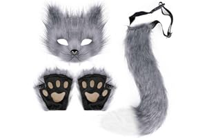 LIUZHIPENG Faux Fur Cat Wolf Mask Tail and Gloves Set Furry Paw Gloves Costume Cosplay Animal for Halloween Christmas Party