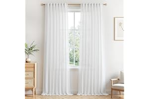 MRTREES Tende Lino Semitrasparenti per Interni Bianche Camera da Letto Soggiorno Moderne 2 Pezzi 140x260 cm Tenda Bianca Salotto Tende Cucina Porta Finestra con Passanti Nascosti