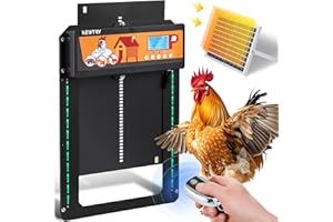 NEWTRY Puerta automática para gallinero con panel solar de 10w y cable extensible, temporizador y sensor de luz programable, antipinzamiento, indicador de tira de luz más mando a distancia de 40m.