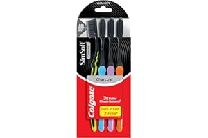 Colgate Slimsoft Brosse à dents manuelle en charbon de bois pour adulte (achetez-en 2, obtenez 2 gratuits) – 4 pièces, 17 x poils plus fins, brosse à dents combo pack