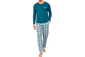 Leversic Pijama de Invierno para Hombre Conjunto de 2 Piezas de Algodón a Cuadros con Manga Larga y Cuello Redondo Camiseta y Pantalón a Cuadros para Dormir S-4XL