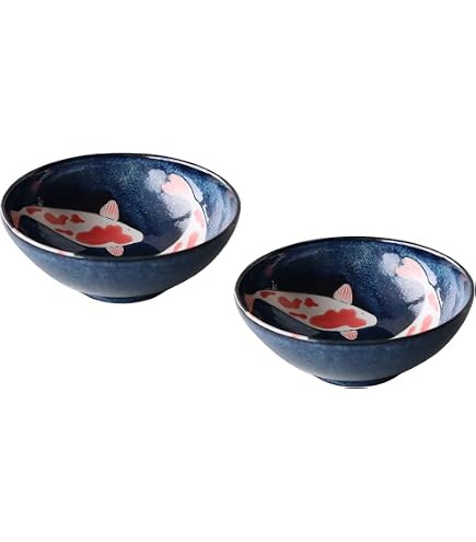 Bol Japonais Mino-yaki Lot De 2 - Céramique, Diamètre 21.5cm, Pour Ramen, Fabriqué Au Japon, Motif Carpe Nouilles Chinoises