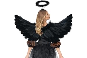 JUXTAPOSIA EngelsflüGel Schwarz,60cm Engel KostüM Damen Mit Heiligenschein Und ,Engel KostüM Damen,Engels FlüGel KostüM,FederflüGel Engel,EngelsflüGel Deko,KostüM Engel,Engel FlüGel