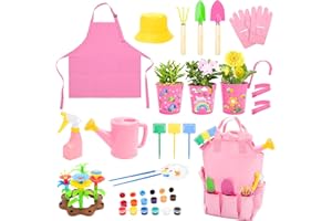 deAO Zestaw narzędzi ogrodniczych dla dzieci, DIY graffiti, zestaw ogrodniczy dla dzieci z bezpieczną łopatką, grabie, widelcem, rękawiczkami, fartuchem, zestawem narzędzi ogrodniczych na świeżym