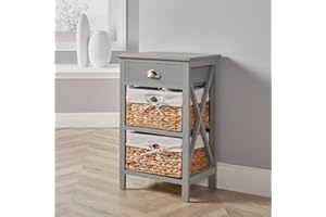 Home Source Wooden Chest of Bedside Storage Unit with Water Hyacinth Basket Organiser, Grey, 2 Drawer