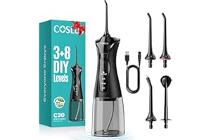 COSLUS Hydropulseur jet Dentaire Portable: 4 Modes Hydropulseur et Irrigateurs Oral, Réservoir d'eau 300 ml Vainqueur du Test, Rechargeable et Étanche IPX7, Noir Brillant