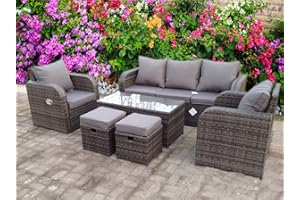 UK Leisure World RECLINER RECLINE COFFEE TABLE STOOLS RATTAN WICKER CONSERVATORY OUTDOOR GARDEN FURNITURE SET CORNER SOFA GREY (Grey)