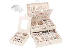 CASIWAFT Jewellery Box Organiser 2 Layers, Large PU Leather Jewelry Storage Case with Portable Travel Jewellery Case, Jewellery Organiser Holder for Rings Earrings Bracelets Necklaces, Beige