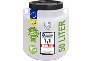 plasteo® Barril de boca ancha de 50 litros con tapa y asas, rectangular, natural, apto para alimentos y sin BPA, barril de plástico universal, barril de agua, barril de lluvia, barril de