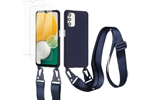 vrupin kompatibel mit Samsung Galaxy A14 5G Handykette Hülle,[2 Stück Schutzfolie 9H Härte Gehärtete Folie].Necklace Hülle Nylon Schultergurt Weich Flüssiges Silikon-Navy blau