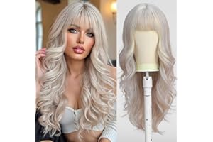 ‎ESMEE Esmee Lange Gewellte Platinblonde Perücke für Frauen Natürliches Synthetisches Haar Hitzebeständige weiße Perücken mit Fransen
