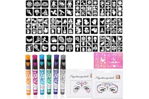 JYNVO Penne Glitter Tatuaggi per Bambini con 6 Pennarelli Glitter, 16 Stencil Carini, 2 Glitter Viso, Festa Giocare Disegnare Tatuaggi Bambini, Gadget Compleanno Bambina, Regalo Bambina 5 6 7 8 9 Anni