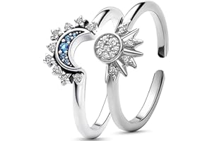 Uwiyo 2Pcs Ajustable Bagues Motif Lune Soleil Scintillantes Réglables Bague Bague d'amitié, Bijoux Lune Soleil Empilable, Pour couples