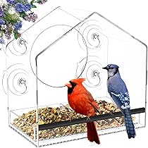 Comzantor Trasparente Mangiatoia Per Uccellini Da Esterno, Casetta Mangime Abbeveratoio, Casetta Mangiatoie Dispenser per Uccelli da Finestra con 3 Ventose Extra Forti, (15 x 15 x 6 cm