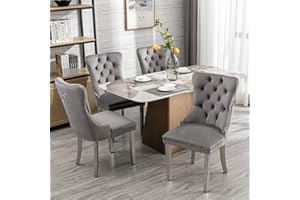 HomeTouch Luxury Velvet Kitchen Dining Chairs with Chrome Steel Legs Set of 4 Upholstered Knocker Wing Back Chairs for Dining Room, Hand Made (4, GreySteel)