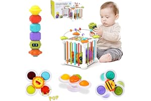 Morkka Montessori zabawka dla chłopców i dziewczynek, sensoryczna zabawka dla małych dzieci, kolorowa kostka, 3 zabawki z przyssawką i labirynt z koralikami, zabawka edukacyjna dla maluchów w wieku 1-3 lat (12 szt.)