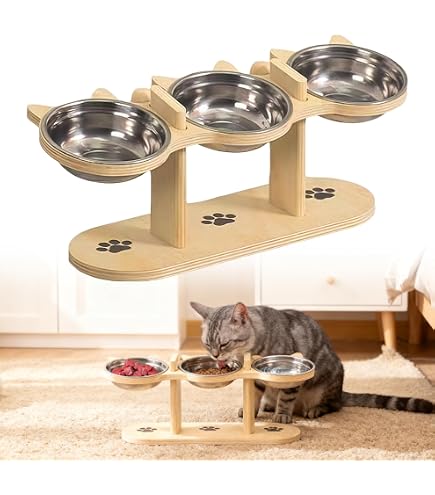 Optyuwah Verhoogde Kattenbak - 3-delige Set, Roestvrijstalen Kommen, Bamboe Frame, Verstelbare Hoogte, 15° Kantel, Voor Katten En Kleine Honden