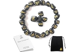 ESOAS RUNES DIVINATOIRES VIKING, Set x25 Pierres Polies Semi Précieuses Gravées (Agate Noire) Avec Sac. Idéal Pour Divination, Voyance et Magie. Alphabet Runique Futhark, Oracle de la Mythologie Nordique