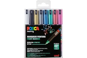 POSCA - Uni Mitsubishi Pencil - 8 Marqueurs Métalliques PC1MR - Posca Pointe Extra Fine Calibrée 0,7 mm - Marqueurs Peinture À Base d'Eau - Tout Support - Pour Papier, Textile, Verre, Galet, etc.
