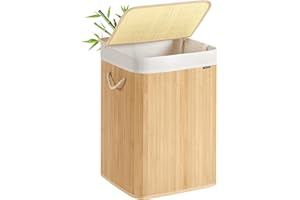 SONGMICS Laundry Basket, 95 L, Laundry Hamper, Laundry Bin with Lid, Bamboo, Foldable, Removable and Machine Washable Liner Bag, for Laundry Room, Bedroom, Natural LCB060Y01