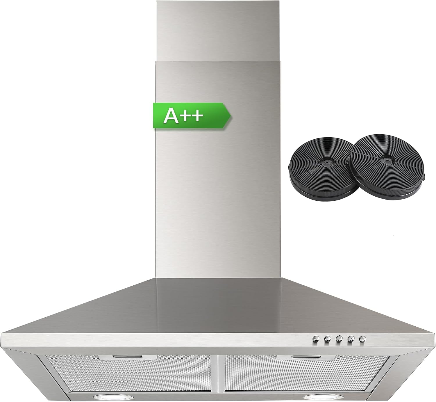 SNDOAS Cooker Hood, Class A++ Extractor Fan Kitchen with Carbon Filters, 350m³/h with Recirculating & Ducting Modes, LED Lights, 3 Speed, Stainless Steel Wall Mounted Extractor Hood 60 cm