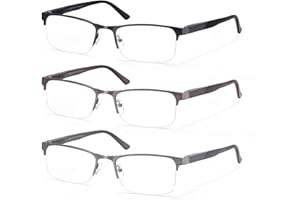 MODFANS 3-pak okularów do czytania dla mężczyzn, blokujące niebieskie światło, pół oprawki, metalowe, ze stali nierdzewnej, prostokątne, okulary do czytania