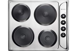 Haden Stainless Steel Electric Hob with 4x Solid Plates - Easy Clean Surface, 2x 145mm & 2x 180mm, Precision Heat Control, Safety Indicator Light, Compact Design
