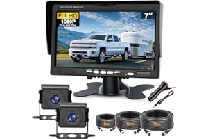 Kairiyard Double Caméra de Recul avec écran Moniteur LCD 7 Pouces & 2 Caméra Avant et Arrière, IP68 étanche, 5m/10m/15m Câble Aviation pour Camion/Remorque/Bus/Camping Car (12V-24V)