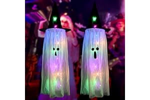TSLBW 2 sztuki wiszących dekoracji na Halloween, świecący kapelusz ducha z kolorowymi diodami LED, urocze latające kapelusze ducha, zasilanie bateryjne, na Halloween, na zewnątrz, podwórko, ogród, patio,
