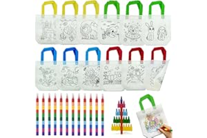 ‎ICEPAPA ICEPAPA, 12 Stück Stoffbeutel zum Bemalen für Kinder und 12 Stück Stapelbare Wachsmalstifte (10 Farben in 1), Perfekt für Kindergeburtstag Gastgeschenke und Kleine Geschenke