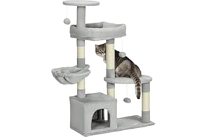 PawHut Tiragraffi per Gatti in Truciolato con Palo in Sisal, Casetta, Posatoi e Trespoli, 65x30x104 cm, Grigio Chiaro