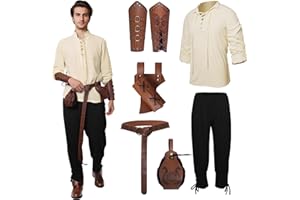 PORJDN Mittelalter Kleidung Herren Set wikinger kostüm mit Herren Mittelalterliches Piraten,Mittelalter Hose mit Männer Armschützer Ritter Gürtel,Retro-Piraten-Goldmünzenbeutel