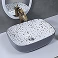 SEA SHORE Premium Designer Table Top Ceramic Wash Basin For Living Room/Countertop Vessel Sink with Slim Rim for Bathroom (46.5x32.5x13 CM, Grey & Textured White)