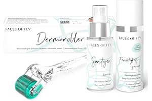 ‎FACES OF FEY Microneedling Set Basic FACES OF FEY - 192 ECHTE NADELN- mit Dermaroller, Hyaluron Serum und Sanitizer - Nadelroller 0,5 mm für Gesicht & Körper - straffung & Modellierung