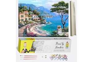 DonElton Dipingere con i numeri, paesaggio porto, fai da te per dipingere con i numeri, per adulti, mare, set per principianti con tela prestampata, 3 pennelli e colori acrilici colorati
