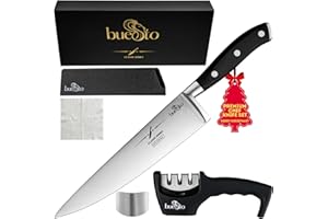 BUESTO Chef Knife - 8 inch Ultra Sharp Japanese Knife - High Carbon Stainless Steel Kitchen Knives - Long Lasting & Full Tang Chef’s Knives with Knife Sharpener, Sheath, Finger Guard - Chef Gifts