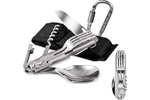 ZIMAIC Juego de cubiertos para camping, 5 en 1, multifuncionales, juego de cubiertos de acero inoxidable, juego de cuchillos, tenedor, cuchara, abrebotellas para camping y exteriores
