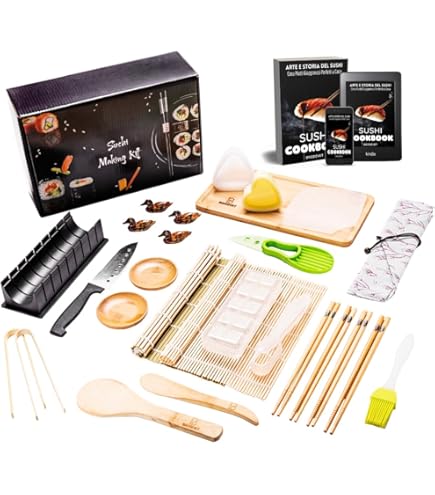 Set Preparazione Sushi Kit Sushi Fai Da Te In Legno - Stampo, Pressino, Salsiera, Spatola, Made In Italy, Per Principianti Ed Esperti Accessori Cucina Giapponese
